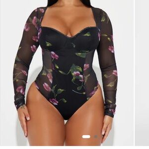 New Fashion Nova Black Floral Mesh Bodysuit